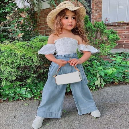 Occasion: Any occasion Gender: Girls Pattern type: Solid Sleeve type: Off Shoulder If you have any questions, please feel to contact us. Size chart: Size:90 Recommended age:12-18 Months Bust:36cm/14.17'' Waist:40cm/15.75'' Tops Length:20cm/7.87'' Pants Length:44cm/17.32'' Size:100 Recommended age:18-24 Months Bust:38cm/14.96'' Waist:42cm/16.54'' Tops Length:22cm/8.66'' Pants Length:47cm/18.50'' Size:110 Recommended age:2-3 Years Bust:40cm/15.75'' Waist:44cm/17.32'' Tops Length:24cm/9.45'' Pants Cute Kid Clothes, Light Jeans Outfit, Toddler Fits, Girls White Shirt, Pregnant Outfits, Toddler Girl Fall, Summer Pants Outfits, Ruffle T Shirt, Toddler Girl Outfit