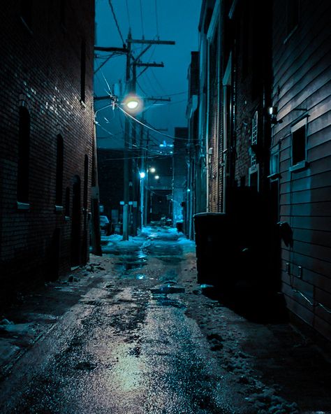 Sketchy City Aesthetic, Nostalgic City Aesthetic, 9:16 Photography, Rough City Aesthetic, Creepy Street Night, Abandoned Streets Night, City Alleyway Night, Blue Dystopian Aesthetic, Dark And Gritty Aesthetic