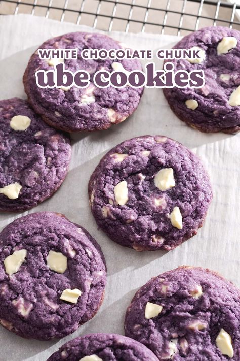 These soft ube cookies are made with ube halaya and ube extract for delicious purple yam flavour. They're then studded with white chocolate chunks for sweetness! #ube #ubecookies #ubehalaya #cookies | teakandthyme.com Blueberry Sweets, Ube Cookies, Blueberry Cookies Recipes, Lemon Blueberry Cookies, Purple Cookies, Colourful Food, Ube Recipes, Vegan White Chocolate, Blueberry Cookies