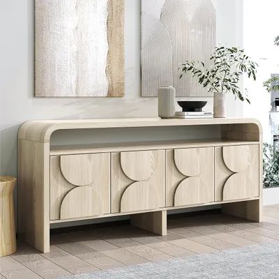 71" Wood Sideboard Buffet Japandi Distressed White Credenza with Shelves&4 Doors Wood Sideboard Buffet, White Sideboard Buffet, White Credenza, Floating Cabinets, Side Board, White Sideboard, Wooden Sideboard, Wood Sideboard, Sideboard Cabinet