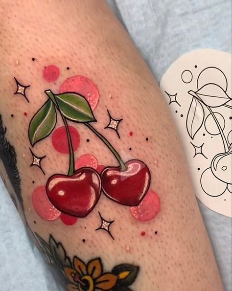 Women Tattoos Color, Cute Colored Tattoos, Traditional Cherry Tattoo, Colorful Tattoo Ideas, Coloured Tattoos, Chung Li, Aesthetic Tattoo Ideas, Cherry Tattoo, 15 Aesthetic