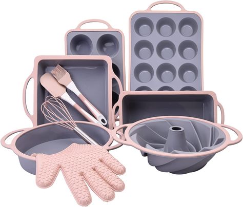 10 in1 Nonstick Silicone Baking Set, Cake Pan Cookie Sheet Molds Tray Set for Oven, BPA Free Heat Resistant Bakeware Suppliers Tools Kit for Baking Baking Set Aesthetic, Pink Baking Tools Aesthetic, Aesthetic Baking Supplies, Pink Baking Tools, Baking Tools Aesthetic, Baking Tools And Equipment, Pink Penthouse, Bread Loaf Pan, Baking Pans Set