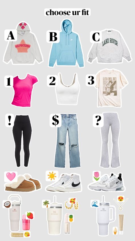 choose ur fit!! lmk ur choice in the comments!! #chooseyouroutfit #buildyourfit #outfitinspo Lana Del Rey, Pick Ur Fit, Choose An Outfit Game, Make An Outfit Tiktok Game, Choose Ur Outfit, Pick Your Outfit, Pick An Outfit, Preppy Lululemon, Trip Fits