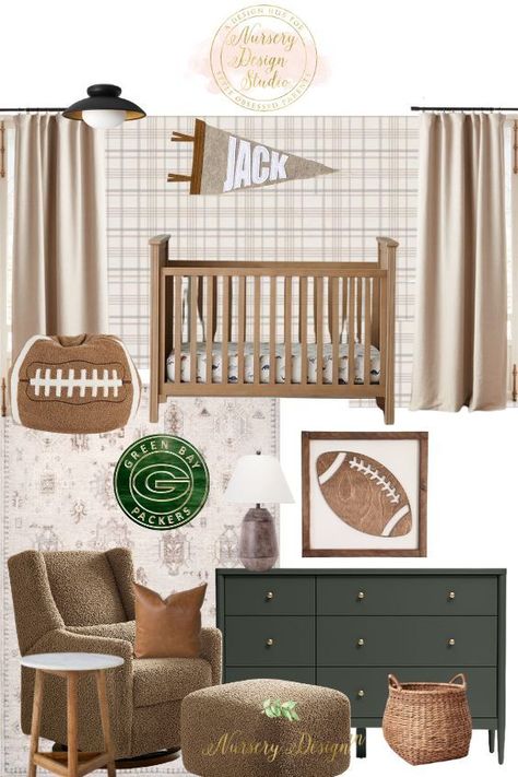 Ahead, 9 dreamy football-themed nurseries that'll score major design goals. Football Themed Nursery, Brown Nursery Ideas, Football Theme Nursery, Wallpaper Plaid, Vintage Sports Nursery, Vintage Nursery Boy, Football Nursery, Nursery Design Board, Sports Nursery Theme