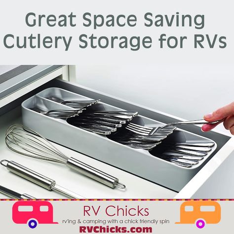 Save a ton of space using this new style cutlery storage rather than the traditional one that takes up a ton of space. My RV kitchen space is at a premium, and this frees up a ton of space. Rv Silverware Storage Ideas, Small Apartment Storage, Silverware Storage, A Lot Of Food, Apartment Storage, Disposable Cutlery, Cutlery Storage, Rv Kitchen, Storage Idea