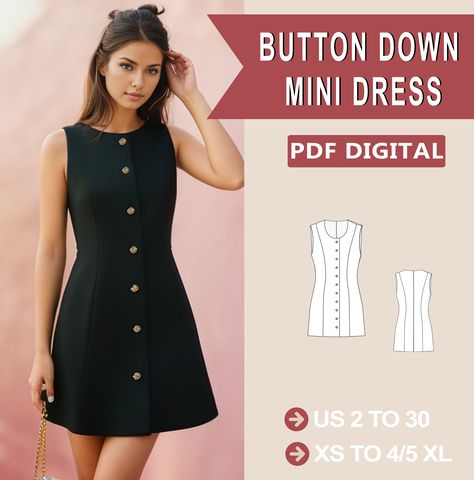 Digital sewing pattern for button down mini dress. ➡️This pattern comes with an illustrated sewing guide with step-by-step instructions, making it super easy to make your own garment. If you're looking for a beginner-friendly project that will take 2 hours to make, then this is perfect for you! ➡️ US Sizes: 2, 4, 6, 8, 10, 12, 14, 16, 18, 20, 22, 24, 26, 28, 30 ➡️ Standard sizes: XS, S, M, L, XL, 2XL, 3XL, 4XL/5XL ➡️ These templates are suitable for A4, A0 and US Letter size paper. ➡️ Once your Button Down Mini Dress, Easy Sew Dresses For Women Diy, A-line Mini Dress With Buttons, 90s Sewing Patterns, Button Up Dress Pattern, Pinafore Dress Pattern Free, Button Down Dress Pattern, Mini Dress Sewimg Patterns, Panel Dress Pattern