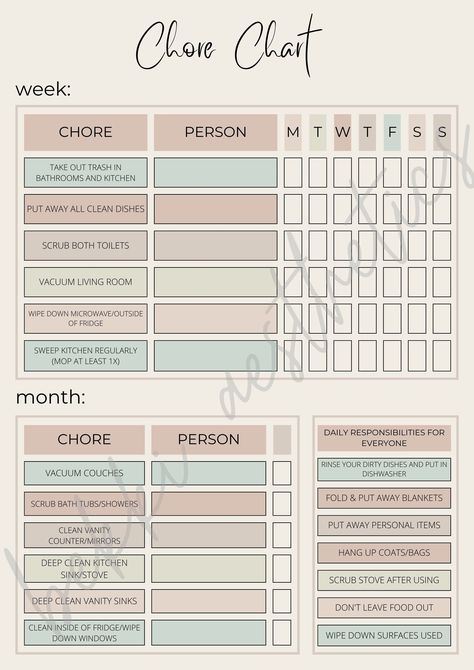 Chore chart for roommates, family, kids, etc. Great way to keep your apartment or home organized and easily delegate responsibilities! #Cleaning #Home #Creating #The #Creating #Ultimate #Tidy #a #Schedule #Ultimate #Guide #Inspo #Trends #to #a #Inspiration #for #Cleaning Organisation, Chore Chart For Roommates, Roommate Chore Chart, Teen Chore Chart, Adult Chore Chart, Chore Organization, Chore Schedule, Chore Checklist, Chore Board