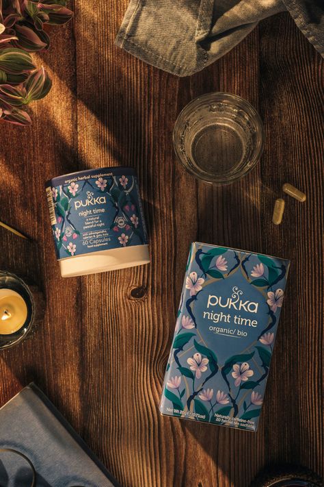 Pukka Tea Aesthetic, Sleep Product Photography, Tea Moodboard, Herbs Photography, Tea Time With Friends, Herb Photography, Eid Boxes, Night Time Tea, Food Photography Dessert