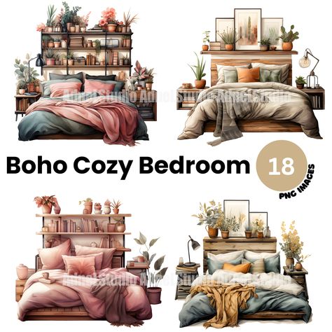 Boho Bedroom Set Up, Couple Bedroom Color Ideas, Adult Women Bedroom Ideas Decor, Bedroom Clipart, Small Bedroom Decor Ideas For Women, Boho Junk Journal, Cozy Window Seat, Bedroom Decor For Women, Grey Headboard