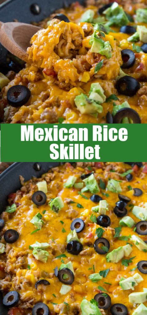 This Mexican rice skillet is a one pot meal you'll make again and again. Especially because you can make it in under 30 minutes! Mexican Rice Skillet, Mexican Parties, Mexican Cantina, Skillet Dinner Recipes, Mexican Rice Recipes, Moon Wolf, Rice Skillet, Rice Recipes For Dinner, One Skillet Meals