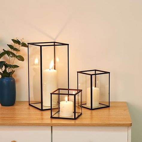 PHOSPHOR Glass Hurricane Candle Holder Set of 3 PCS Black Hurricane Candleholders for Wedding Party Holiday Birthday Home Decor Lanter Square Candle Holders, Black Candle Holders, Square Candles, Electronic Candles, Black Lantern, Outdoor Candles, Glass Candle Holder, Simple Table, Vintage Candle Holders