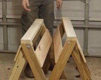 DIY Woodworking Plans Modern Sawhorse Plans With Height Adjustment - Etsy Sawhorse Plans, Saw Horse Diy, Folding Sawhorse, Saw Horses, Saw Horse, House Plan With Loft, Work Benches, Build Plans, Workbench Plans