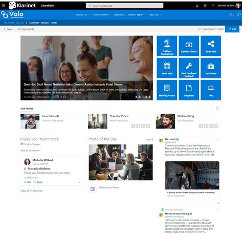 3 Great Examples of SharePoint Intranet Homepages to Inspire You - Klarinet Solutions®, LLC Sharepoint Intranet Design Inspiration, Intranet Design Inspiration, Intranet Layout, Sharepoint Design Ideas, Sharepoint Design, Sharepoint Intranet, Newsletter Layout, Powerpoint Animation, Office Templates