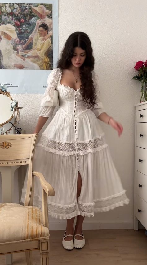 Angelic Casual Outfit, Ethereal White Outfit, Marie Antoinette Aesthetic Outfit, White Dress With White Tights, Feminine Coquette Outfits, Honey Moon Outfit, Angel Dress Aesthetic, Ethereal Outfit Aesthetic, Angelic Outfits Aesthetic