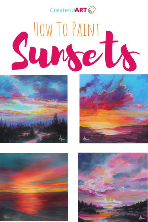 Beginning Acrylic Painting Tutorials, How To Paint Sunset Clouds, Diy Acrylic Painting Ideas, How To Paint A Sunrise, How To Paint A Sunset Step By Step, Acrylic Step By Step Painting, Acrylic Painting Tutorials Step By Step Landscape, Acrylic Painting Techniques On Canvas, Acrylic Painting Sunset