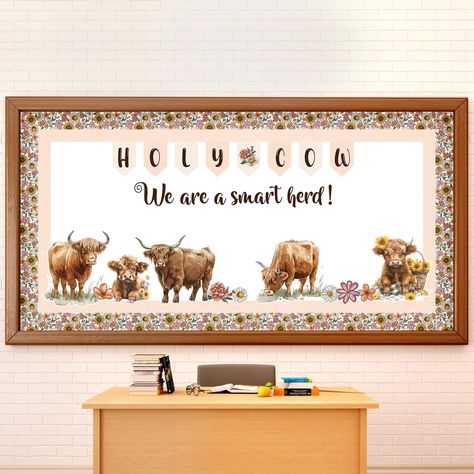 PRICES MAY VARY. Versatile Classroom Accessories: featuring a charming holy cow theme, our bulletin board cutouts include 5 highland cows of different shapes, 7 flower cutouts, 60 paper cutouts and others; A well fit for bulletin board decor needs, they serve as vibrant and eye catching bulletin board trim that can transform your space instantly Standout Quality: crafted from quality paper material, these bulletin board decorations set are not only attractive but also sturdy; Flaunting bright co Western Theme Classroom Door, Highland Cow Classroom Decor, Western Bulletin Board Ideas, Ag Classroom Decorations, Western Themed Classroom, Western Classroom Theme, Wall Classroom Decor, Western Classroom, Ag Classroom