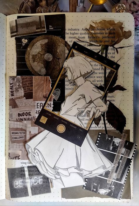 White And Black Drawing Aesthetic, Scrapbook Outside Cover, Diy Scrapbook Ideas Creativity Design, Alt Scrapbook Ideas, Black Pages Journal, Sketch Collage Drawings, Drawing Scrapbook Ideas, Scrapbook Base Ideas, Grunge Journal Pages