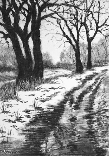 Charcoal drawing on heavy paper. Copyright 2010 Oksancia (Oksana P Pasishnychenko).  Read more on my blog! Landscaping Drawing, Landscape Pencil Drawings, Drawing Charcoal, Art Charcoal, Landscape Sketch, Charcoal Sketch, White Drawing, Charcoal Art, Pencil Art Drawings