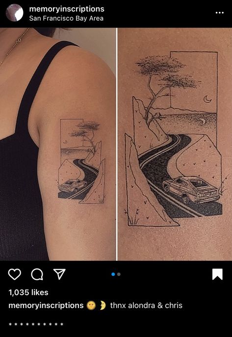 Car Patchwork Tattoo, Scenic Route Tattoo, Open Road Tattoo, Bay Area Tattoos, Road Trip Tattoo, Roadtrip Tattoo, Victor Tattoo, Bay Tattoo, Road Tattoo