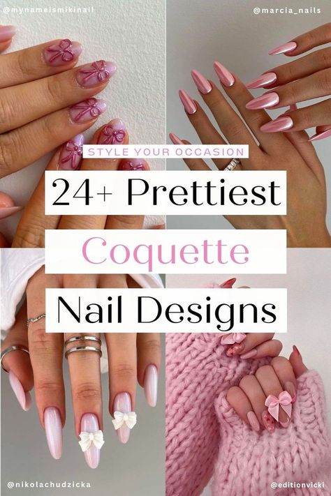 24+ Gorgeous Coquette Nail Design Ideas. Elevate your 2024 nail trends with our selection of gorgeous coquette aesthetic manicures! Whether you prefer short, acrylic, cute, simple, or shades of red and pink, find the ultimate coquette nail inspiration for your Valentine's Day nails or any day you want a fabulous manicure. Coquette Nail Designs, Coquette Nail Ideas, Pink Ribbon Nails, Coquette Nail, Nails Inspiration Classy, Negative Space Nail Art, Coquette Nails, New Nail Trends, Pink Chrome Nails