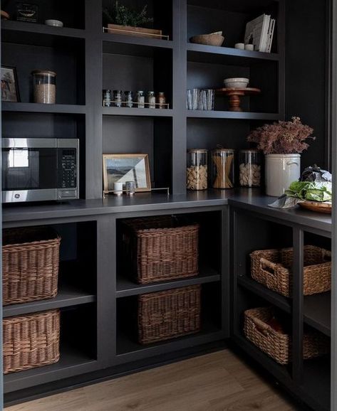 Black Pantry Shelves, Moody Pantry Ideas, Dark Wood Pantry, Moody Farmhouse Kitchen, Moody Pantry, Moody Cottage, Black Pantry, Walmart Kitchen, Moody Farmhouse