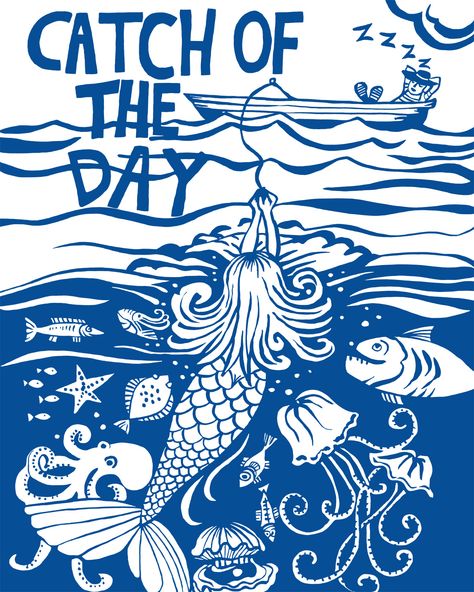 'Catch of the Day by Kate Cooke for Port and Lemon - available as a print, card, key ring, fridge magnet, coaster and placemat Sea Illustrations, Shipping Forecast, Easy Crafts To Sell, Mermaid Top, Sea Illustration, Catch Of The Day, Water Spirit, Summer Tshirt, White Dog