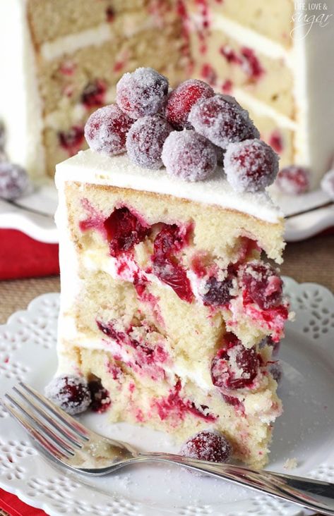 This Sparkling Cranberry White Chocolate Cake recipe is a new Christmas fav! The cake is incredibly moist & flavorful with colorful sparkling cranberries. Cranberry Cake Recipe, Cranberry Christmas Cake, Easy Christmas Cake Recipe, Cranberry White Chocolate, Christmas Cakes Easy, A Slice Of Cake, Moist Vanilla Cake, Cranberry Cake, White Chocolate Cake