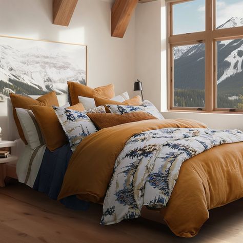 Immerse yourself in the serene beauty of a forest at dusk with our Acadia Bedding Set. Cabin Bedding Sets, Cabin Bedding, Rustic Bedding Sets, Woodland Retreat, Rustic Comforter, Western Bedding, Cotton Comforter Set, Reversible Bedding, Cabin Bed