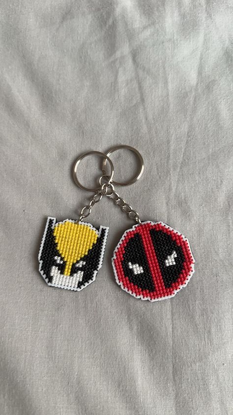 handmade deadpool & wolverine cross stitch keychains Wolverine Cross Stitch, Keychain Cross Stitch, Deadpool Crafts, Stitch Keychains, Cross Stitch Keychain, Marvel Cross Stitch, Stitch Keychain, Unique Cross Stitch, Cross Stitch Tutorial