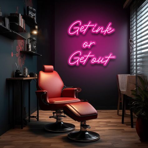 Unleash your studio's edgy spirit with our 'Get ink or get out' LED Neon Sign. A must-have for all modern tattoo parlors, this vibrant neon sign illuminates your artistic commitment, setting an audacious atmosphere for those daring to wear their stories on their skin. Tattoo Studio Waiting Room, Tattoo Shop Bathroom Ideas, Diy Tattoo Studio, High End Tattoo Shop, Tattoo Shop Lobby, Diy Tattoo Shop Decor, Tattoo Studio Interior Design Ideas, Tattoo Studio Inspiration, Interior Design Tattoo Studio