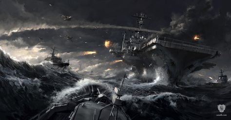 #Aircraft carrier in naval battle is concept art for #Battlefield 4. This image has been made by #DICE artist #RobertSammelin. The entire team responsible for Battlefield 4's concept art consists of Robbert Sammelin, Henrik Sahlström, Sigurd Fernström, Eric Persson & Mattias Häggström. This limited-edition Battlefield 4 concept art print is hand-numbered and comes with a Certificate of Authenticity signed by the entire team. Naval Battle, A 10 Warthog, Military Wallpaper, Battlefield 4, Military Drawings, Military Artwork, Military Pictures, Navy Ships, My Team