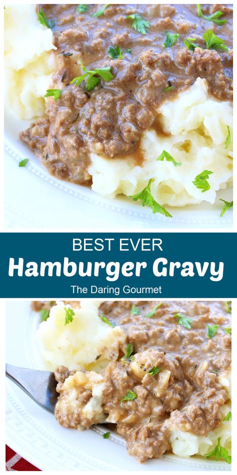 For a quick and easy weeknight dinner solution, it's hard to beat this delicious, old-fashioned Hamburger Gravy!  This American classic is the perfect comfort food to whip up after a long day - it's ready to serve in 25 minutes! Yummy Hamburger Meat Recipes, Ground Beef Gravy Recipe, Hamburger Gravy Recipe Mushroom Soup, Hamburger Gravy Recipe Easy, Best Hamburger Gravy Recipe, Hamburger Gravy Recipe, Hamburger Casseroles, Hamburger Gravy, Homemade Gravy Recipe