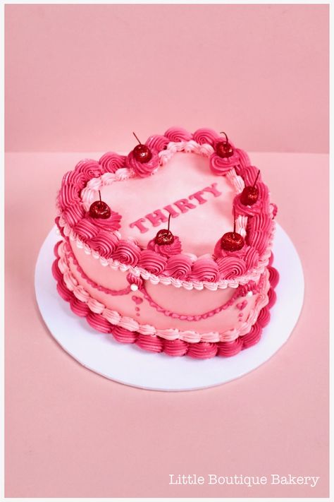 Vintage buttercream heart cake in pink with glitter cherries | Little Boutique Bakery Lambeth Heart Cake, Pink And Red Cake, Hens Cake, Pink Vintage Heart Cake, Glitter Cherries, 30th Birthday Cake For Women, Pink Heart Cake, Lambeth Cake, Heart Cake Design