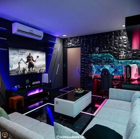 Gaming Den Ideas, Teal Gaming Setup, Men’s Game Room, Game Room Design Man Caves, Luxury Gaming Room, Modern Gaming Room, Rgb Setup, Cinema Rooms, Cinema Wall