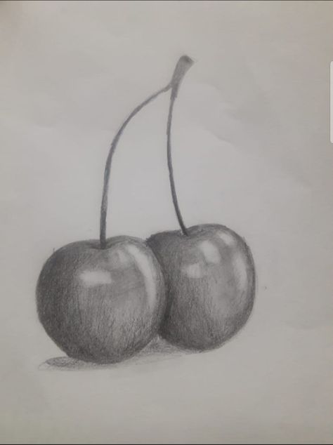 Fruits Pencil Shading, Still Life Drawing Easy Pencil, Fruit Shadow Drawing, Cherry Sketch Pencil, Pencil Shading Still Life For Beginners, Easy Drawing With Shading, Realistic Pencil Drawings Easy, Still Life Shading Drawing, Shadow Pencil Drawing