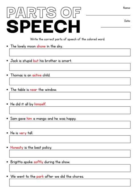 Identify Parts of Speech Worksheet Worksheet On Parts Of Speech, Free Parts Of Speech Printables, Part Of Speech Worksheet, Parts Of Speech Worksheet, Parts Of Speech Practice, English Comprehension, Part Of Speech Grammar, Short Vowel Worksheets, Science Cells