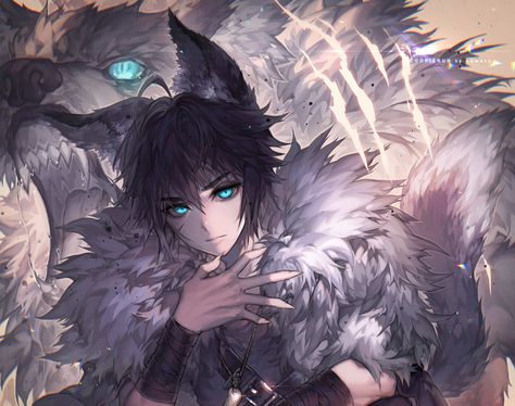 Art by Kawacy Wolf Ears, A Wolf, An Anime, Anime Character, Blue Eyes, Black Hair, Anime Boy, The Story, Hair