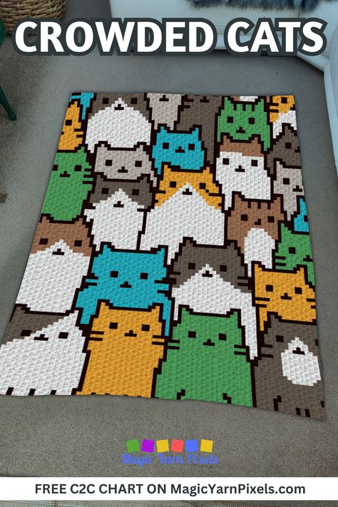 Crochet a baby blanket with the Crowded Cats design using my free crochet graph. It's the perfect gift for cat lovers on any occasion. Download the free crochet graph from MagicYarnPixels. Written C2C and row-by-row patterns with multipage graphs are also available. Cat Crochet Pattern Free Blanket, C2c Cat Pattern, C2c Crochet Graph Patterns Free Charts, Fall Crochet Blanket Patterns Free, Knitting Graph Patterns, C2c Crochet Pattern Free Beginner, Cat Crochet Blanket, Crochet Cat Blanket, Bedroom Crochet