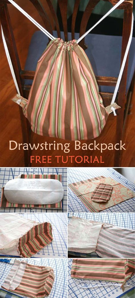 Drawstring Backpack Tutorial, Make A Drawstring Bag, Diy Rucksack, Diy Backpack Pattern, Drawstring Bag Diy, Drawstring Bag Tutorials, Backpack Sewing, Backpack Tutorial, Bag Tutorials