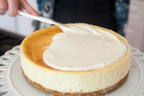 Sour Cream Cheesecake Topping, Sour Cream Topping, Cream Cheese Cheesecake, Creamy Cheesecake Recipe, Perfect Cheesecake Recipe, Sour Cream Cheesecake, Perfect Cheesecake, Vanilla Bean Cheesecake, Cheesecake Toppings