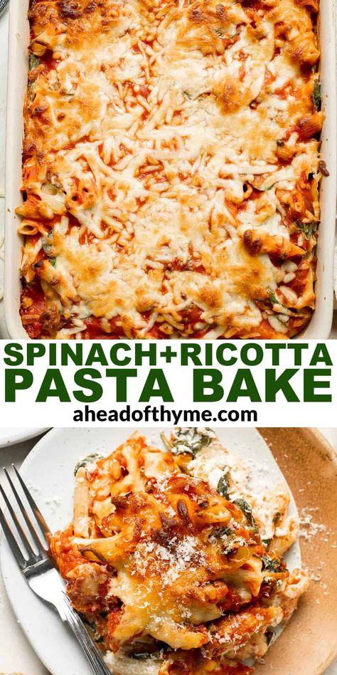 Spinach and Ricotta Pasta Bake via @aheadofthyme Spinach And Cheese Pasta Bake, Baked Spinach Pasta, Spinach And Ricotta Pasta Bake, Spinach Cheese Pasta, Spinach Ricotta Bake, Ricotta And Spinach Recipes, Ricotta Dinner Recipes, Pasta Bake With Ricotta, Ricotta Spinach Pasta