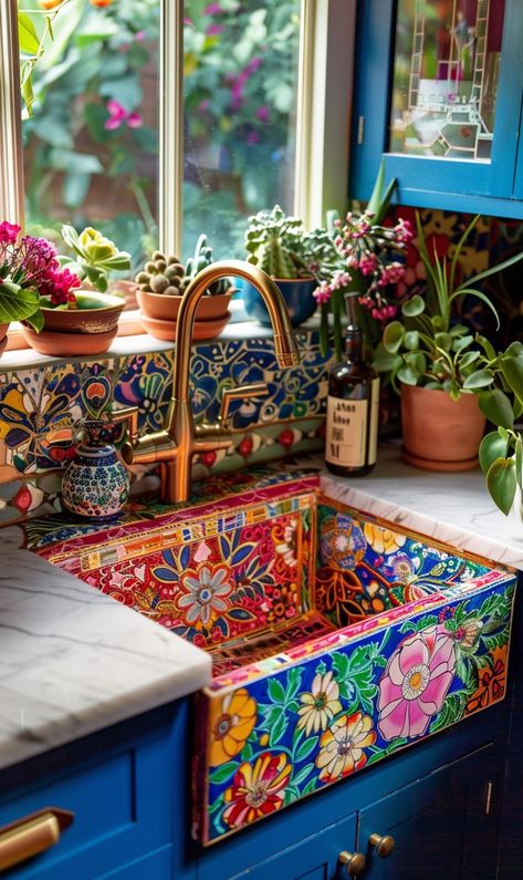 30 Stunning Bohemian Kitchen Sink Inspirations You'll Love - Home Made Graceful Tiled Kitchen Sink, Greek Kitchen Decor, Warm Eclectic Home, Small Boho House, Meditterean Kitchen, Kitchen Trends 2025 Interior Design, Mexican Theme Kitchen, Colorful Home Aesthetic, Mexican Inspired Home