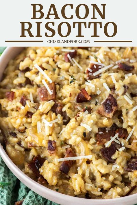 Indulge in a creamy bacon risotto with caramelized onions, combining smoky bacon, sweet onions and Arborio rice for a flavorful and decadent dish. #baconrisotto #homemaderisotto #risotto | chiselandfork.com Chicken And Pumpkin Risotto, Bacon And Mushroom Risotto, Risotto Dinner, Bacon Risotto, Best Risotto, Bacon Dishes, Bacon Cauliflower, Cauliflower Risotto, Sweet Onions