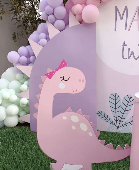 Cute Dino Decor, Cute Dinosaur Themed Birthday Party, Purple Dinosaur Party, Girl Dinasour Birthday Party Ideas, Pastel Dino Party, Gender Reveal Dinosaur Theme, Girly Dinosaur Party Decorations, Pink Dino Party, Dinosaur Birthday Party For A Girl