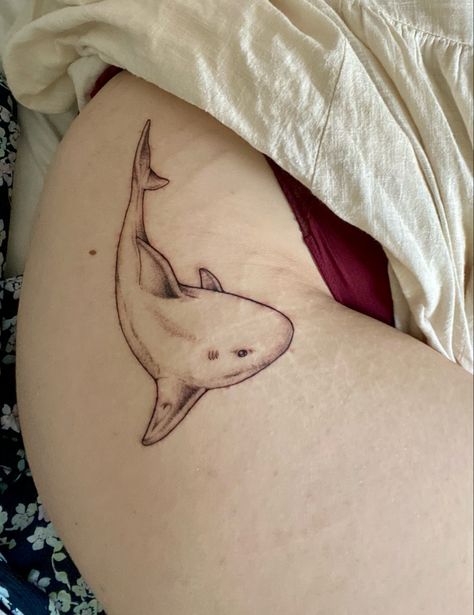 shark on my hip Whale Shark Tattoo On Thigh, Hip Tattoo Animal, Hip Shark Tattoo, Shark Tattoo Hip, Hip Tattoo Big, Animal Hip Tattoo, Shark Hip Tattoo, Whale Shark Tattoo, Squid Tattoo