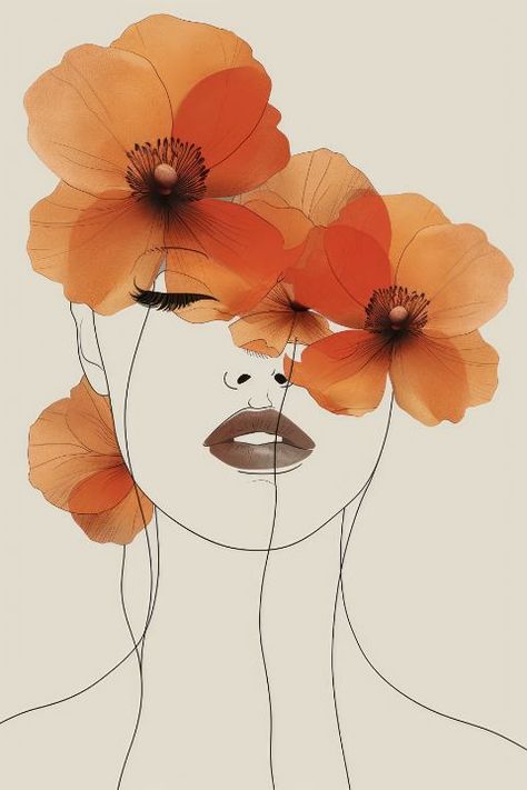 Silouttes Art Woman, Modern Painting Of Women, Flower Face Art, Flower Head Woman, Crown Illustration, Flower Woman, Hair Vector, Face Illustration, Black Art Painting