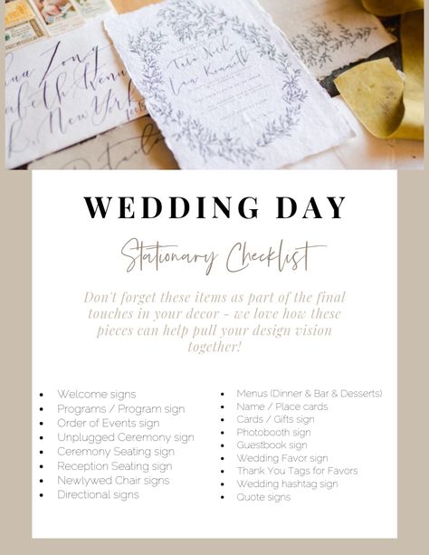 Signage List For Wedding, List Of Wedding Signage, List Of Signage For Wedding, Day Of Wedding Signage, Wedding Day Signage Checklist, Canva Wedding Stationary, Wedding Stationery List, Wedding Diy Stationery, Day Of Wedding Stationary