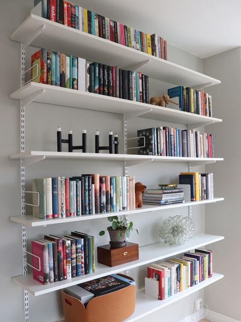 At home with Johanna | Elfa Boaxel Ikea Bookshelf, Boaxel Bookshelves, Ikea Boaxel Bookshelf, Ikea Boaxel Office, Elfa Bookshelves, Boaxel Ikea Ideas, Elfa System, Track Shelving, Elfa Shelving