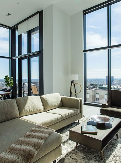 High Rise Apartment Decor, New York Living Room, Apartment Outside, Atl Apartment, Penthouse Ideas, Atlanta Apartments, High Rise Apartment, New York Living, Dallas Apartment