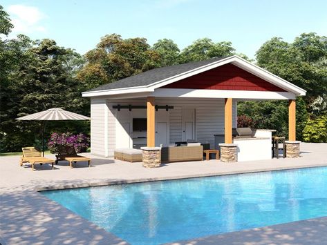 Outdoor Pavilion With Storage, Small Pool House Ideas Floor Plans, Rustic Pool House Ideas, Shed Pool House Ideas, Simple Pool House Ideas, Pool Cabana With Bathroom, Pool Cabana Design, Small Pool House Plans, Pool House With Bedroom